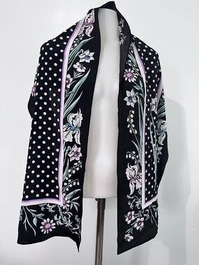 Black Floral & Polka Dot Silk Scarf with Lavender Accents